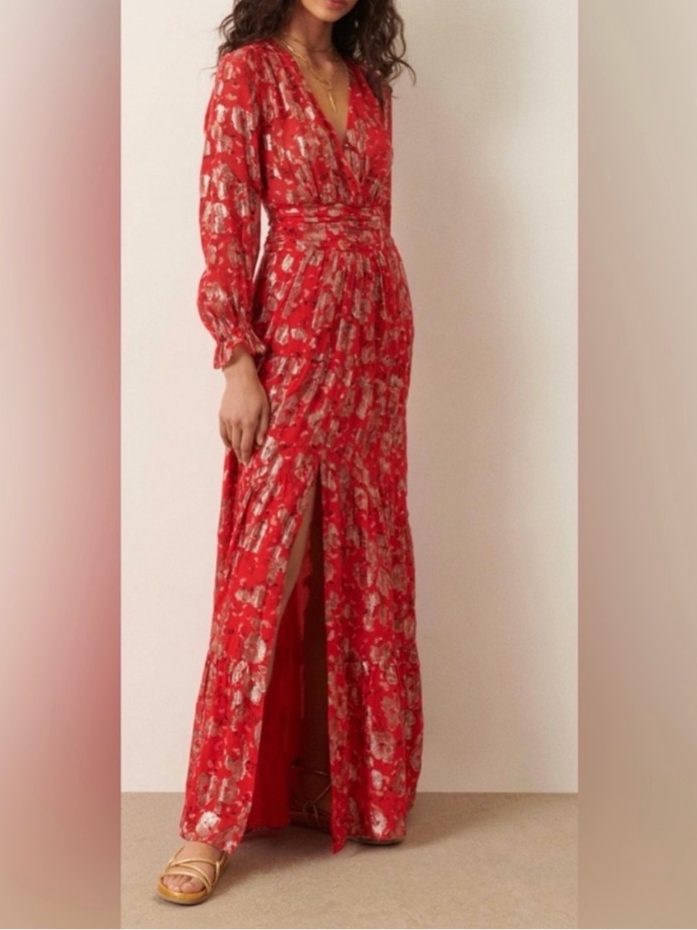 Ba&sh Tilane Maxi Dress Red Gold Metallic Floral Fil Coupe V-Neck
